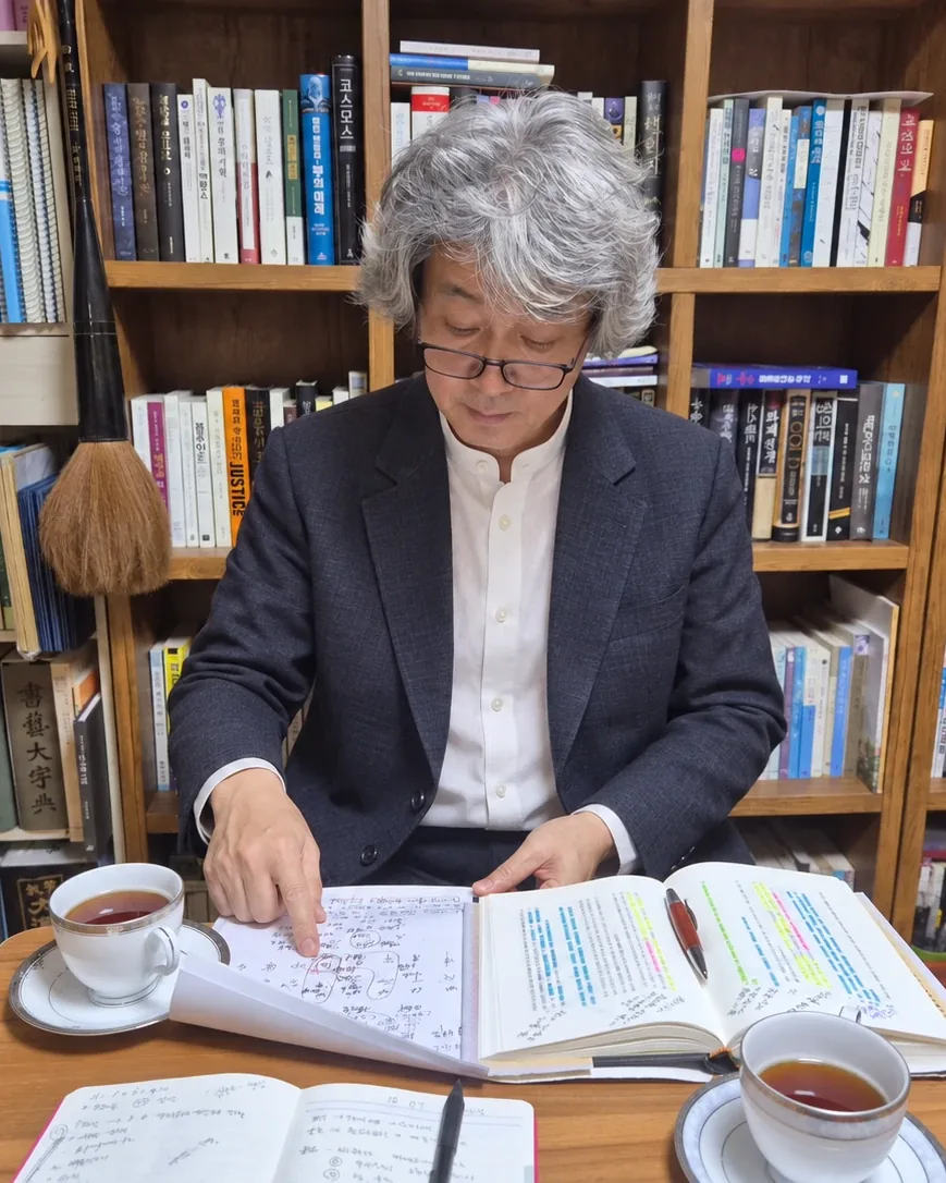 책과 노트를 펼쳐 둔 원향 노진헌 대표